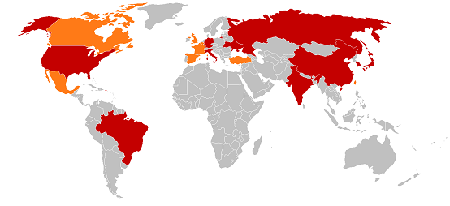 Die 10 größten Stahlproduzenten (rot) und weitere Länder, deren jährliche Stahlproduktion über 10 Millionen Tonnen liegt (Stand 2004)